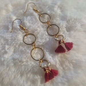 14k Gold Plated and Red Tassel Hoop Earrings